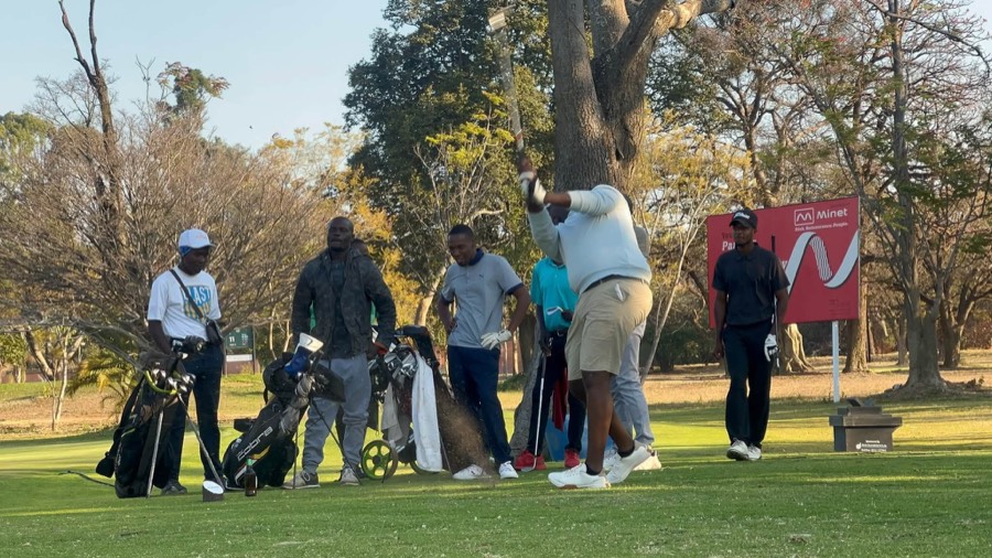 A golfer plays a shot, with a buggy out on the course